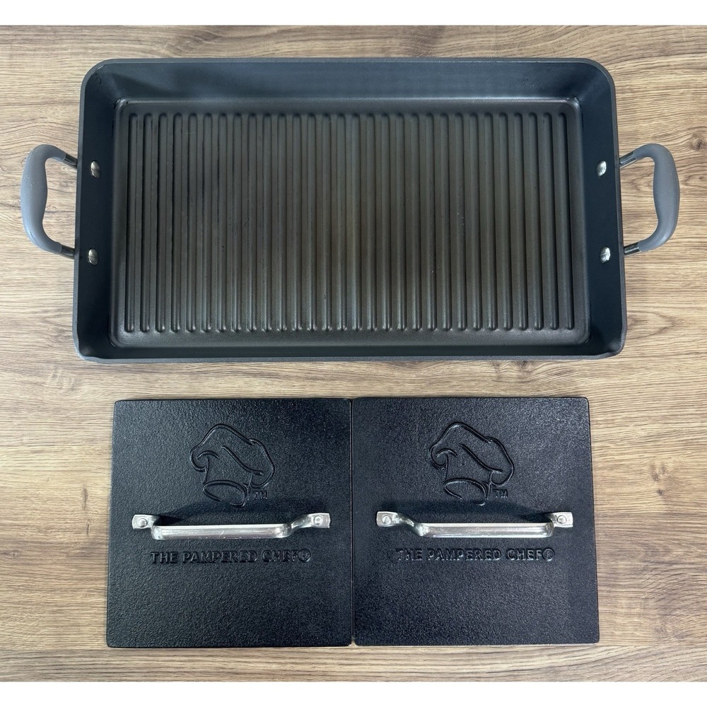 Pampered Chef Grill Pan Dual Burner Double Bacon Burger Panini Press Set 2924